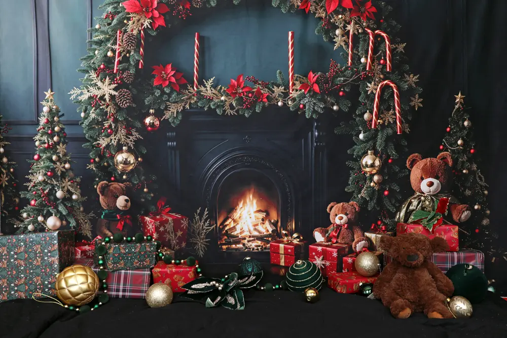Christmas photo fireplace pyjamas cozy